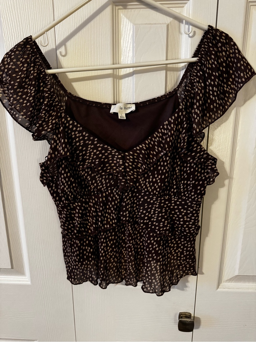 Brown Polka Dot Ruffle Sleeve Blouse